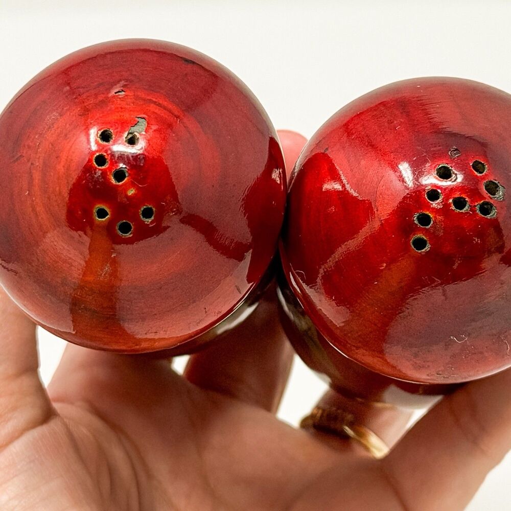 Vintage Japanese Lacquer Mushroom Salt Pepper Shakers Red Gilt Wood - Picture 4 of 5
